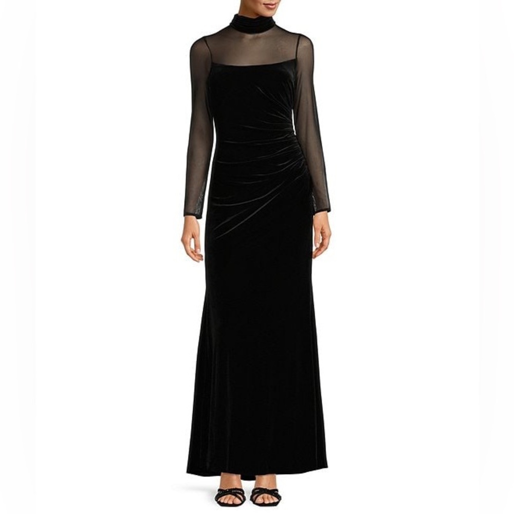 Eliza J Black Gown with Sheer Long Sleeves, Mock Neck